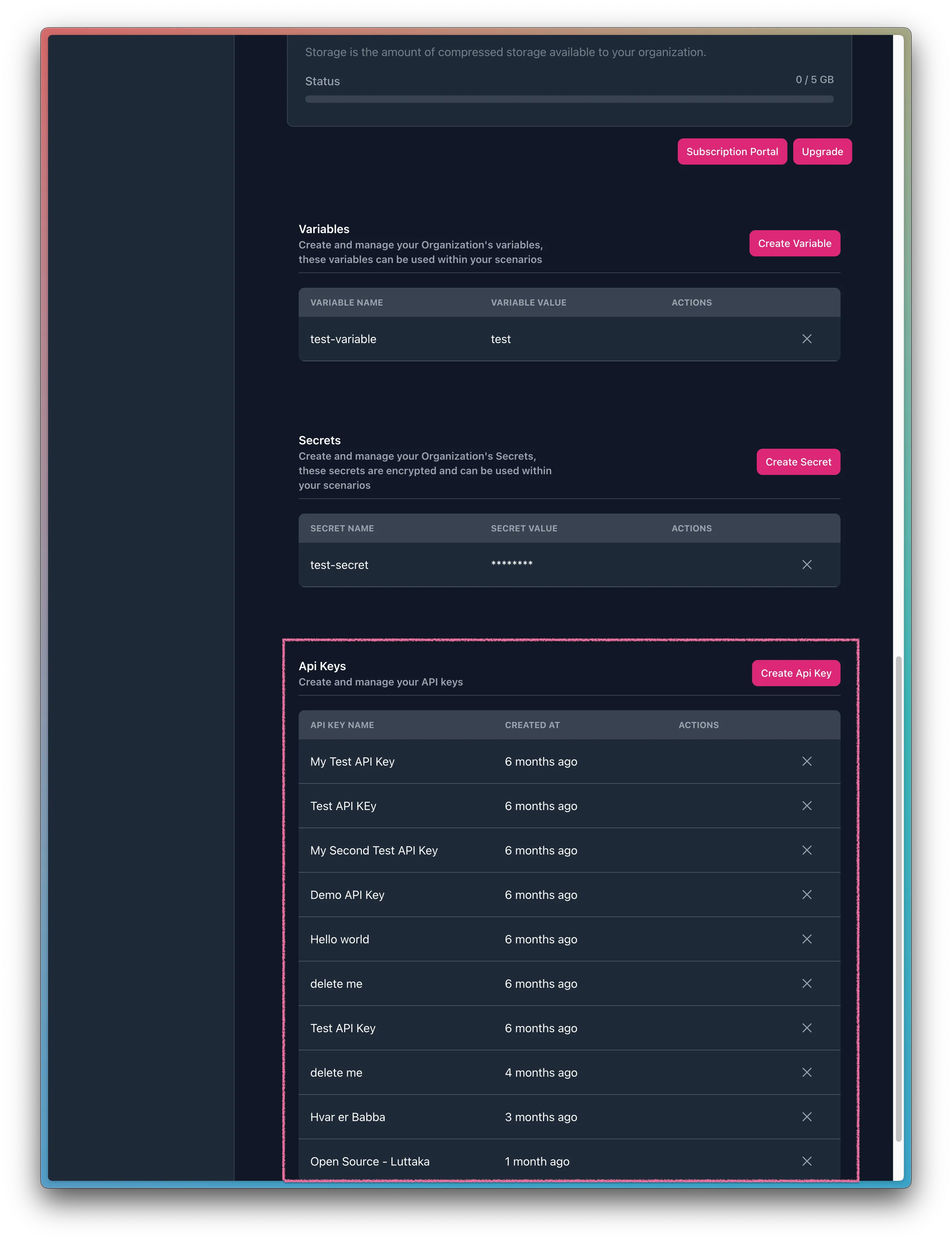 Overview of all your current API keys