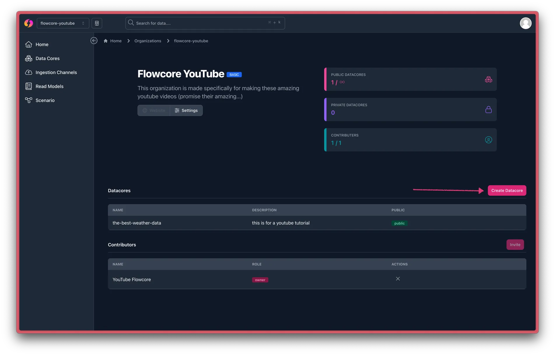 Pointing at the create data core button