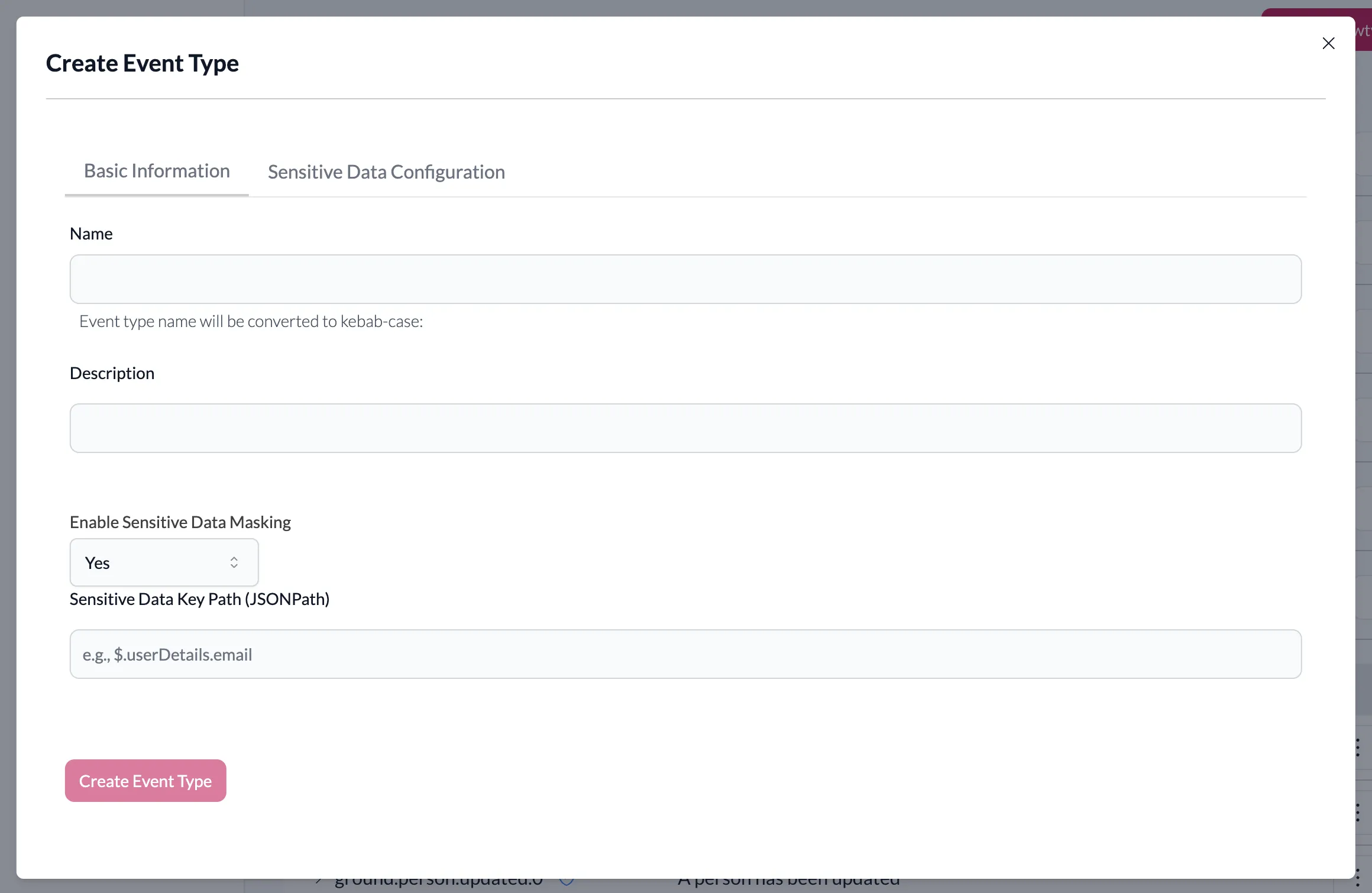 Basic Information tab of Create Event Type dialog