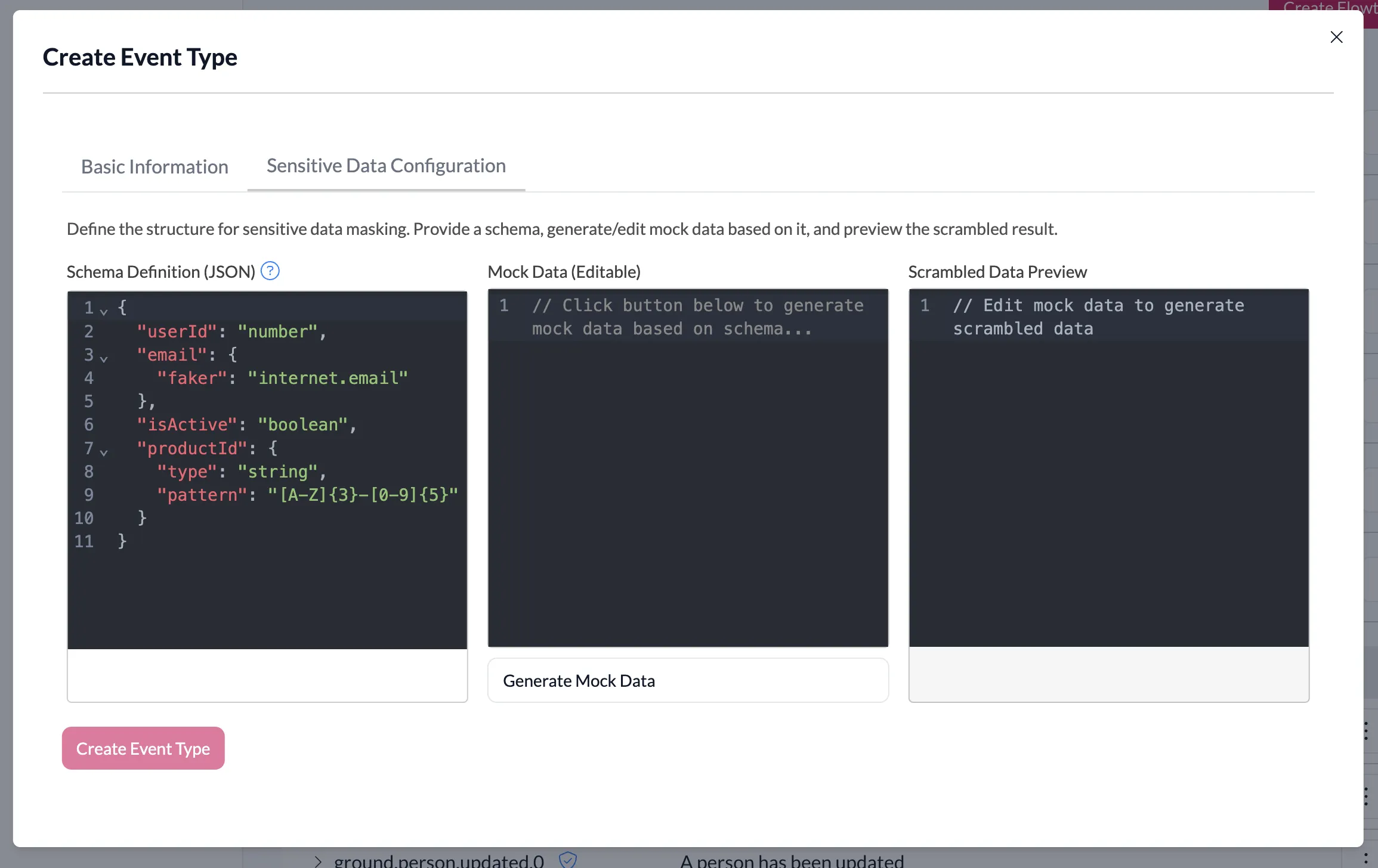 Sensitive Data Configuration tab for setting up masking schema