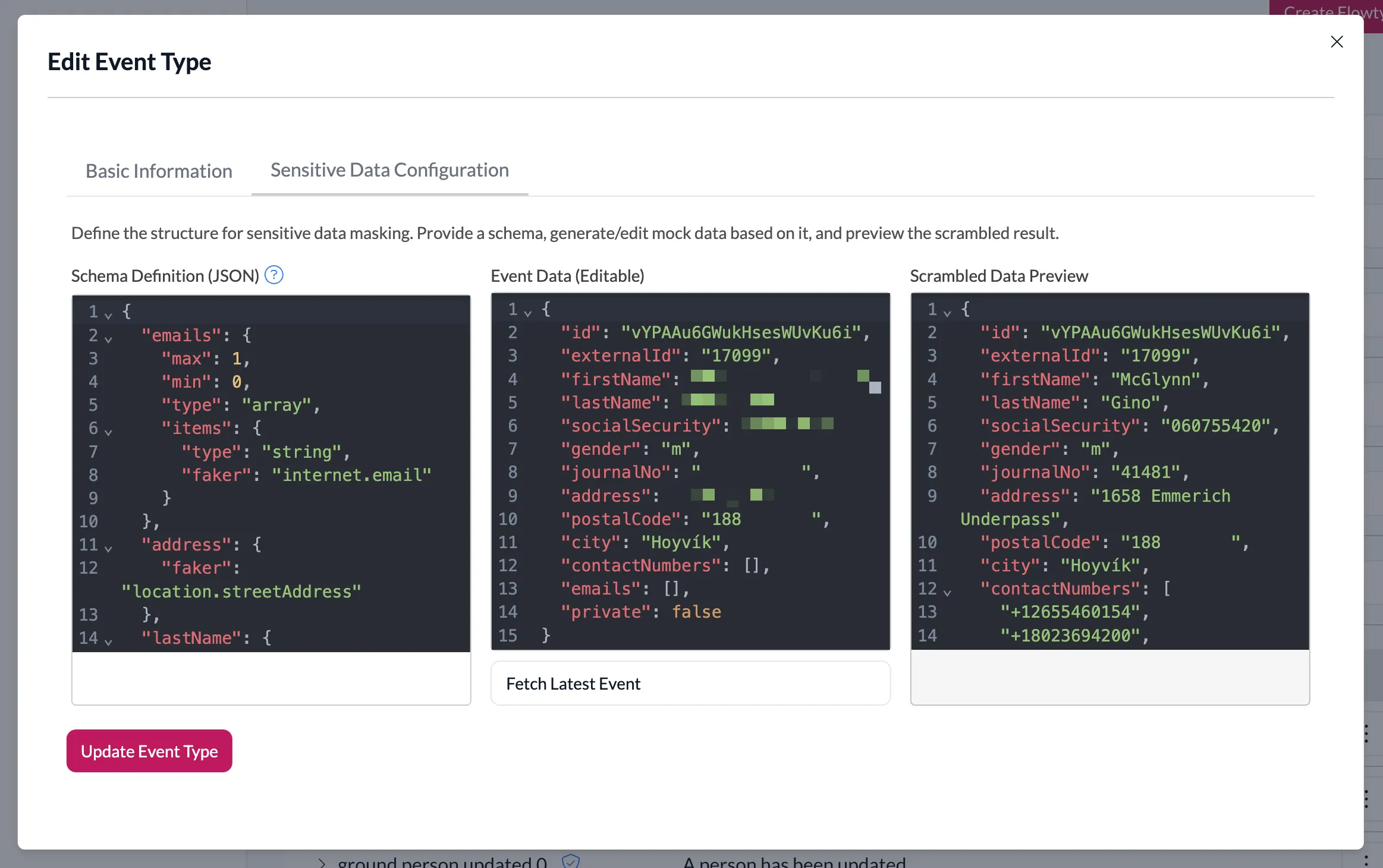 Sensitive Data Configuration tab in Edit Event Type dialog